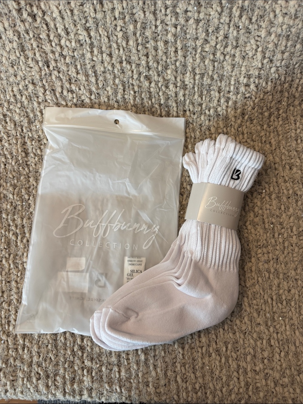 BuffBunny 3 pack Scrunch White Ribbed Athletic Crew Socks with Black Logo